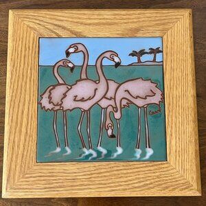 Frog Hollow Tile Design Flamingo Trivet Art Wood Frame 9x9" Idaho Carol Johnson